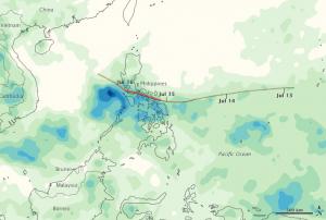 In this map, based on TRMM data, heavier rainfall is shown in dark blue.