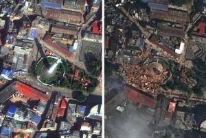 Dharahara tower in Kathmandu before and after the earthquake (Image: DigitalGlobe) 