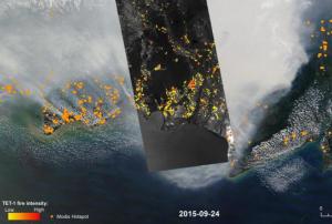 The highlighted section shows additional fire hot spots under the Indonesian haze, using satellite imagery of TET-1 (Image: DLR).