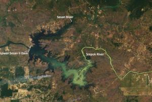 Landsat 8 captured the Lower Sesan II Dam and its adjacent rivers on 1 February 2018. While in 2010, 3 percent of Cambodia’s domestically generated electricity came from hydropower, by 2016, hydropower supplied 60 percent. Image: NASA.