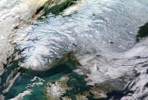 Norway as seen by MODIS on board of Aqua satellite on 16 January 2017. Image: NASA/ edited by antilip.