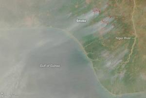 Agricultural fires near the Niger River delta. Courtesy of NASA.