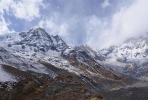 View of the Himalayan mountain chain from a Nepal basecamp.  