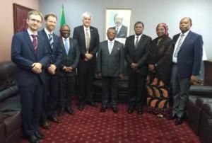 Mission team with H.E. Dr. Joseph Dion Ngute, Prime Minister of the Republic of Cameroon, H.E. Mr. Paul Atanga Nji, Minister of Territorial Administration of Cameroon, Mrs. Mariatou Yap, Director of the Department of Civil Protection of Cameroon and Mr. Balungeli Confiance Ebune, Director of Cabinet at the Prime Minister’s Office. 