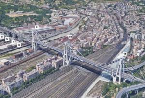 A satellite view of the Morandi Bridge in Genoa, Italy prior to its collapse in August 2018. Image: NASA/JPL-Caltech/Google. 