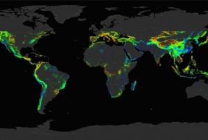 This set of 12 still images show the potential landslide by month averaged over the last 15 years. Image: NASA.