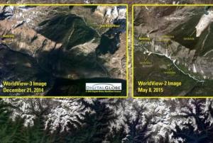 Remote sensing imagery, like here showing the earthquake and landslides in Nepal 2015, provide important information (Image: USGS).