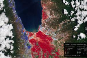 This map shows the ground motion during the six months following the earthquake that struck the Indonesian Island of Sulawesi on 28 September 2018, and was obtained by processing Copernicus Sentinel-1 images acquired between October 2018 and April 2019. Image: ESA/contains Copernicus Sentinel data (2018–19), processed by Planetek Rheticus Service.