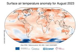 Surface air temperature anomaly for August 2023 (range between1940 and 2023; source: Copernicus Climate Change Service)