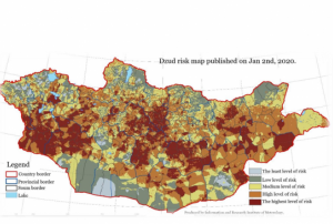 Dzud risk map. Image: information and Research Institute of Meteorology Hydrology and Environment