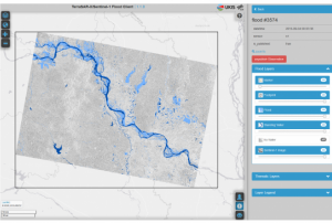 Dissemination of automatically derived flood information via a web-client (light blue: flood area; dark blue: permanent water surface). The example shows a flood situation in the eastern part of India on September 04, 2016, observed by Sentinel-1 data.