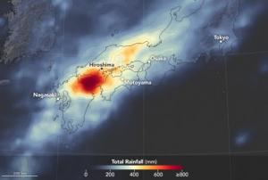 Global Precipitation Measurement visualization of heavy rain in Japan, 2 – 9 July 2018. Image: NASA Earth Observatory 