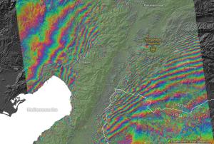 Interferogram of the surface displacement triggered by the earthquake in Türkiye.  (Image courtesy of ESA).