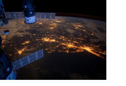 Nighttime photograph of the eastern coast of the United States seen from ISS.