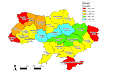 Fig. 1. Winter wheat yield forecasts for Ukraine for 2013 as of 08 May 2013.