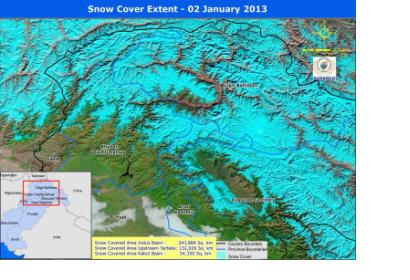 Snow Cover Extent on 2 January 2013 monitored using MODIS data.