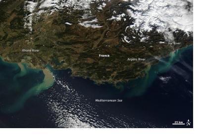 The plumes of sediment are clearly visible in the Mediterranean.