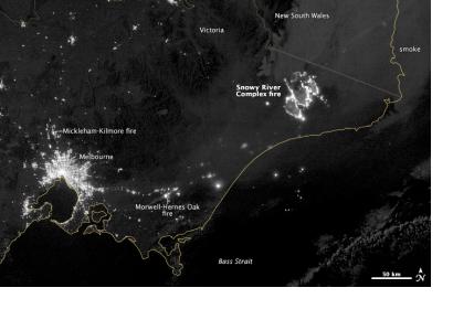 satellite night image of fires in Australia