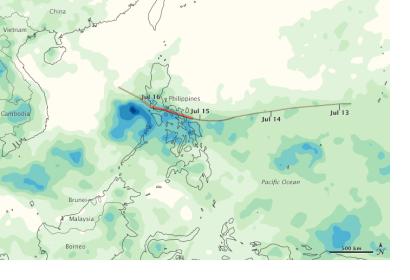 In this map, based on TRMM data, heavier rainfall is shown in dark blue.