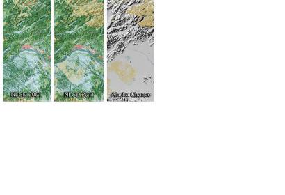 Three panels from the National Land Cover Database depicting land cover change in the vicinity of Fairbanks, Alaska, from 2001 to 2011