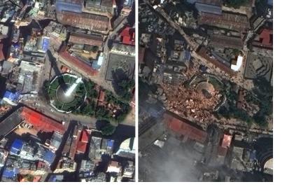 Dharahara tower in Kathmandu before and after the earthquake (Image: DigitalGlobe) 