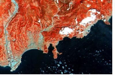 French Riviera processed through infrared spectral channel, one of the first images captured by Sentinel-2A satellite (Image: ESA)