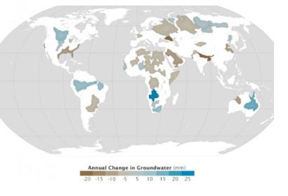 Annual change in groundwater storage from 2003 to 2013 in the 37 largest aquifer systems in the world (Image: NASA)