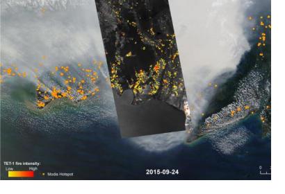 The highlighted section shows additional fire hot spots under the Indonesian haze, using satellite imagery of TET-1 (Image: DLR).