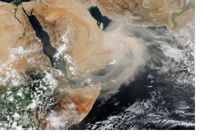 An image of a dust storm over the Arabian Peninsula captured by the Suomi National Polar-orbiting Partnership satellite in July 2018. Image: NASA Earth Observatory