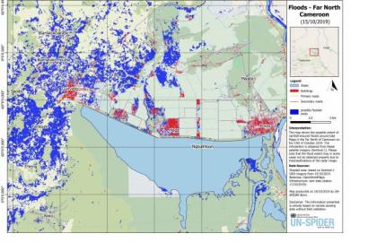 Preliminary flood map created by UN-SPIDER using Sentinel-1 radar imagery.