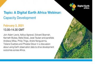 Banner for the upcoming Digital Earth Africa webinar on capacity development. Image: Digital Earth Africa