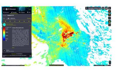 Screenshot of visualizing CO emissions from forest fires in Honduras using data from the Sentinel-5P satellite and Sentinel Hub EO Browser.