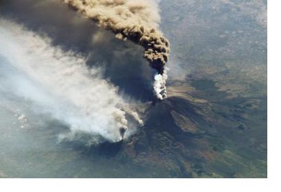 A photo of Mt. Etna erupting on 30 October 2002, taken by astronauts aboard the International Space Station. Image: NASA Earth Observatory/Earth Sciences and Image Analysis Laboratory at Johnson Space Center.