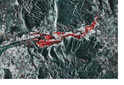 The Sentinel-1 RGB stack showing (in red) flooding on February 23, 2018. Image: Sentinel Playground