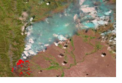 VIIRS detecting a forest fire in Wyoming, United States (courtesy NASA)