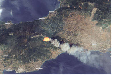 Wildfires in Greece near Kineta captured by the Sentinel 2 satellite on 23 July. Image: Copernicus. 