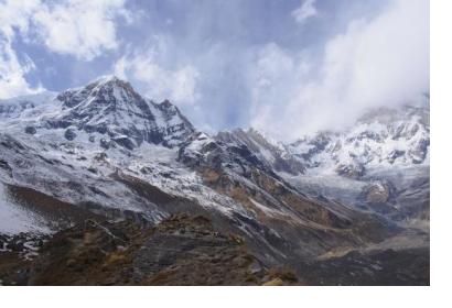 View of the Himalayan mountain chain from a Nepal basecamp.  