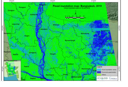 Flood inundation map developed using Sentinel-1 satellite data, as part of the rapid mapping response under the SERVIR-HKH Initiative at ICIMOD. Map: Kabir Uddin/ICIMOD.