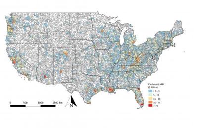 Modeled catchment mean annual loss. For clarity, only catchments with a mean annual loss of >$1.5 million have been plotted. Image: Quinn, N., Bates, P. D., Neal, J., Smith, A., Wing, O., Sampson, C., et al. ( 2019).