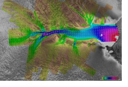 Image showing the movement of the Lambert Glacier, with ice velocity vectors obtained by using RADARSAT Synthetic Aperture Radar (SAR) imagery from the 2000 Antarctic Mapping Mission. Image: Canadian Space Agency/NASA/Ohio State University, Jet Propulsion Laboratory, Alaska SAR facility. Retrieved from NASA Earth Observatory. 