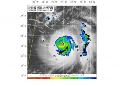 Satellite image from the Naval Research Lab are overlaid with lightning strokes (shown as black circles) of Hurricane Mathew on 4 October 2016. Image: WWLLN-TC