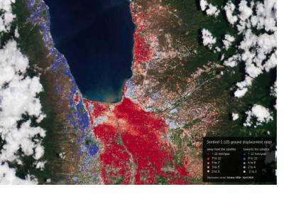 This map shows the ground motion during the six months following the earthquake that struck the Indonesian Island of Sulawesi on 28 September 2018, and was obtained by processing Copernicus Sentinel-1 images acquired between October 2018 and April 2019. Image: ESA/contains Copernicus Sentinel data (2018–19), processed by Planetek Rheticus Service.