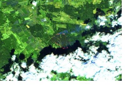 A Sentinel-2 false colour image showing active fires in Mecklenburg-Western Pomerania. Image: DLR/ZKI.