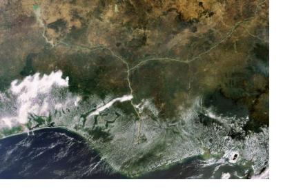 This Envisat image highlights the lower Niger River system in the West African country of Nigeria, where the Niger River (left) and the Benue River merge. Image: ESA