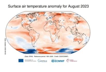 Surface air temperature anomaly for August 2023 (range between1940 and 2023; source: Copernicus Climate Change Service)