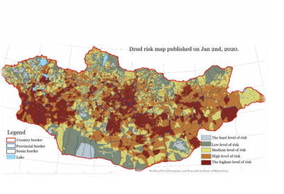 Dzud risk map. Image: information and Research Institute of Meteorology Hydrology and Environment