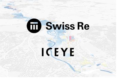 Swiss Re and ICEYE logos with flood extent analytics visualisation in the background. Image: ICEYE.