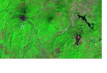 Image captured by Sentinel-2 on February 8 2021 of the Fuego volcano (left), Pacaya volcano (right), Guatemala City (upper right), with volcano lava visible in red. Image: Sentinel Hub, ESA.