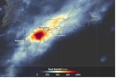 Global Precipitation Measurement visualization of heavy rain in Japan, 2 – 9 July 2018. Image: NASA Earth Observatory 