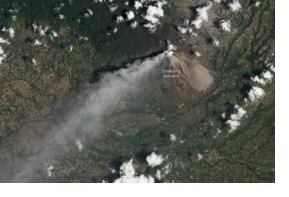 Similar eruption of the Mount Sinabung in Indonesia. Image courtesy of NASA Earth Observatory image by Jesse Allen and Robert Simmon, caption by Robert Simon. 